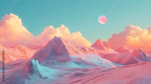 Pastel pink and blue mountain range at sunset with a large pink moon.