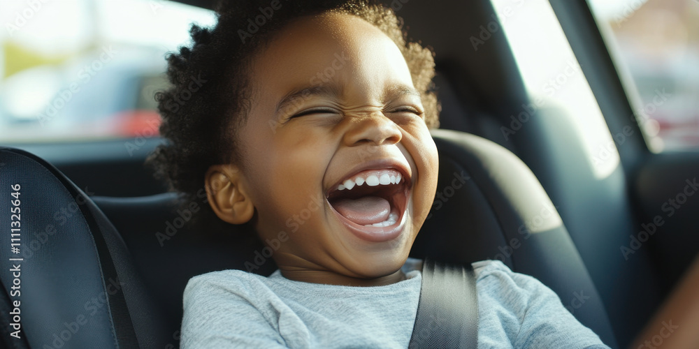 joyful black child laughing in car seat, capturing pure happiness and excitement. sunlight enhances cheerful atmosphere, making this moment truly delightful joyful black child laughing in car seat, capturing pure happiness and excitement. sunlight enhances cheerful atmosphere, making this moment truly delightful