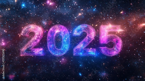 Stylized "2025" with holographic effects and a glowing aura, set against a cosmic background of stars and galaxies, capturing the wonder and anticipation of the new year