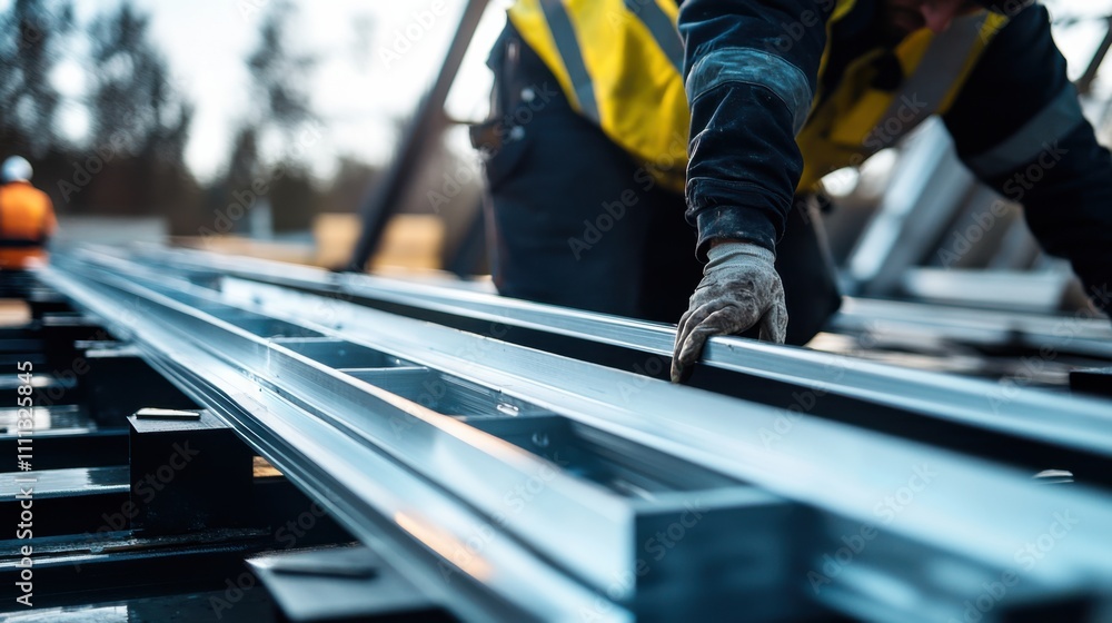 custom made wallpaper toronto digitalA close-up of a construction worker assembling modular components for a temporary event structure, Event structure construction scene, Modular assembly style
