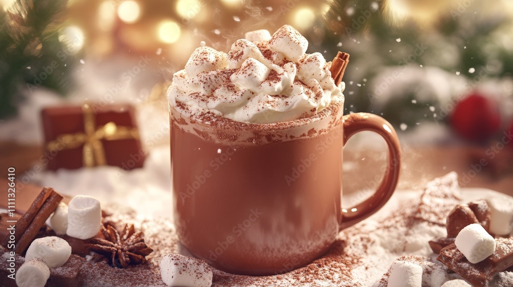 Warm cup of hot chocolate topped with whipped cream, marshmallows, and a sprinkle of cinnamon Warm cup of hot chocolate topped with whipped cream, marshmallows, and a sprinkle of cinnamon