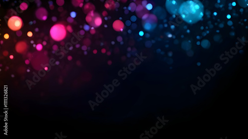 Blurred neon light flecks in pink, blue, and red tones, creating a glowing bokeh texture on a dark background with copy space.