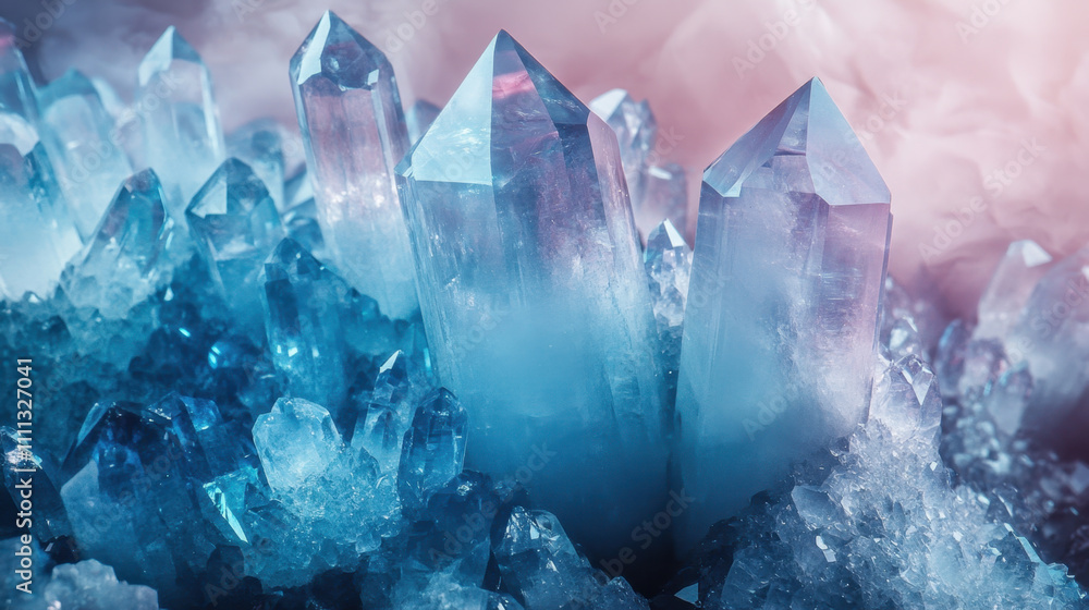 Obraz premium Piles of light sky blue crystals are beautifully arranged, reflecting light and creating serene atmosphere. sharp peaks and soft hues evoke sense of tranquility and wonder