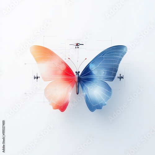 A butterfly with red, blue, and white wings photo