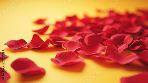 Red rose petals scattered on vibrant yellow background create striking visual contrast, evoking feelings of romance and beauty