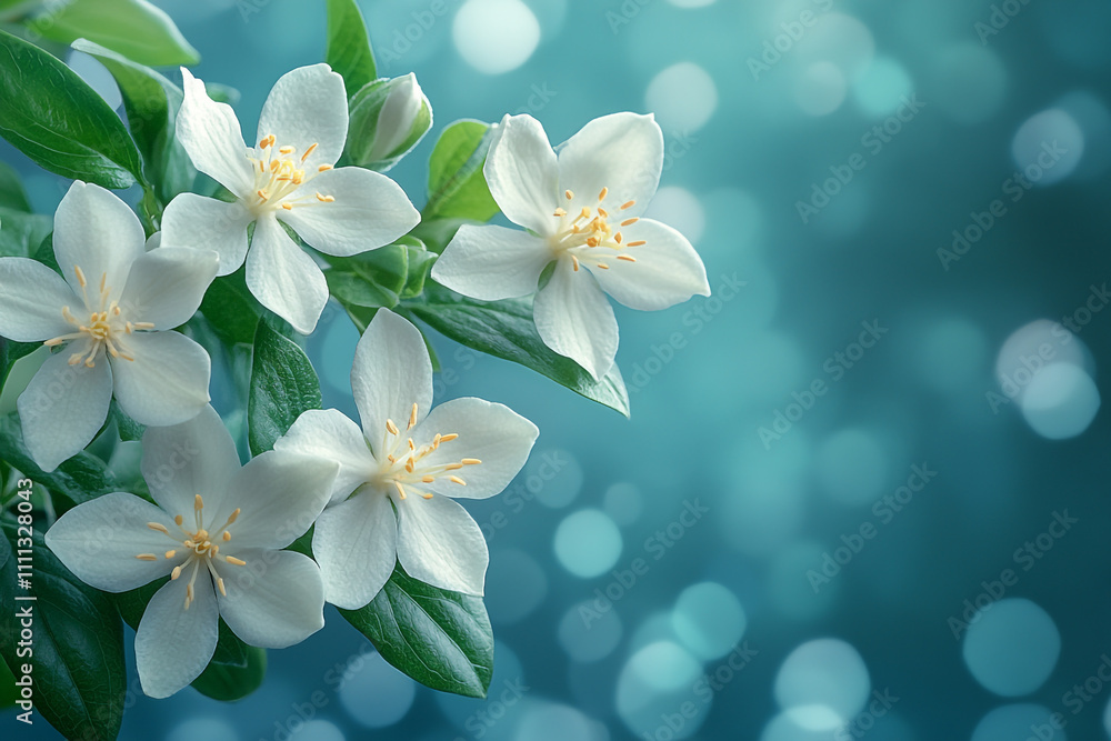 Delicate white blossoms on a teal background Delicate white blossoms on a teal background