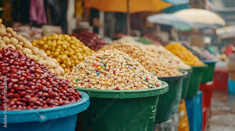 Vibrant Display of Colorful Spices and Snacks in a Rainy Market Setting Full of Life and Flavor. Sprint Festival Concept Vibrant Display of Colorful Spices and Snacks in a Rainy Market Setting Full of Life and Flavor. Sprint Festival Concept