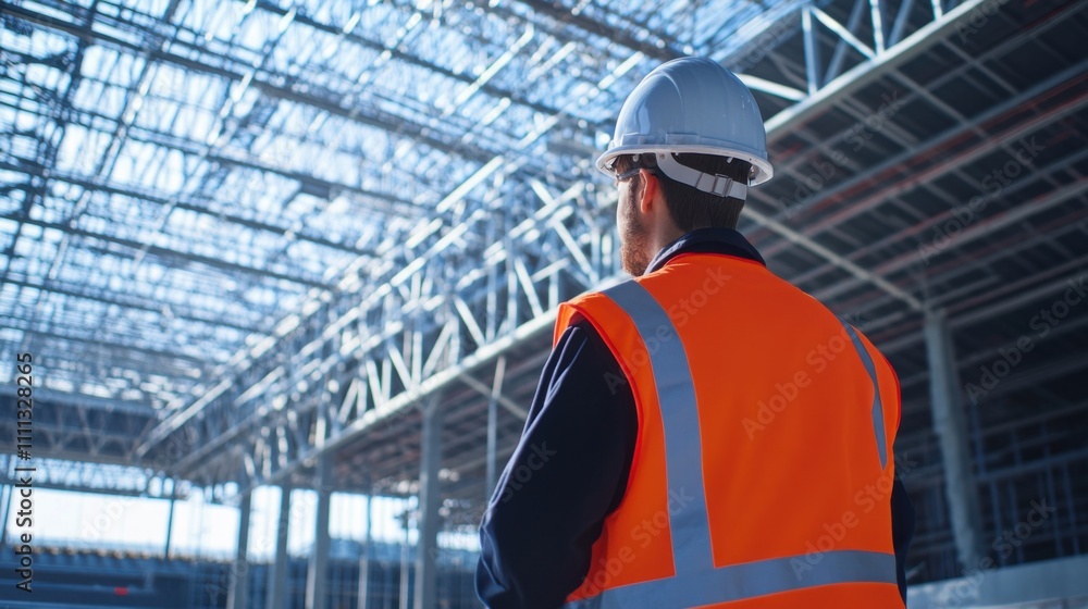 A close-up of an architect inspecting the installation of facade panels on a new office building, Office building facade installation scene, Architectural oversight style A close-up of an architect inspecting the installation of facade panels on a new office building, Office building facade installation scene, Architectural oversight style
