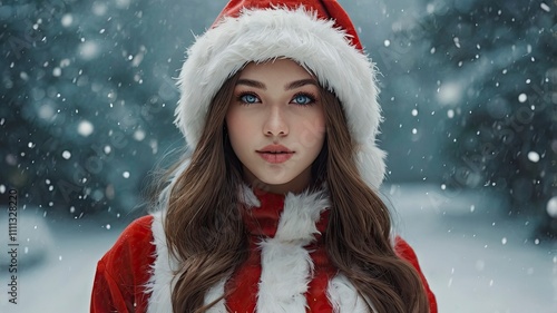 A full body portrait, Santa Claus costume in Japanese anime cartoon. cute woman. long brown hair, with light blue-black eyes, white skin, wear Santa Claus outfit. she is embodies femin photo