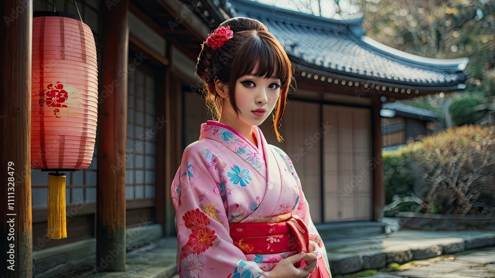 Fototapeta premium A full body portrait, traditional Japanese costume in Japanese anime cartoon. Ranma is cute woman. pigtail with shain red hair, with light blue-black eyes, white skin, wear long pink Japanese Yukata. 