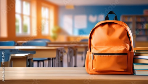 Orange School Backpack with Books on the Table in Blured Class Room Background. Back to School Concept. Banner with Copy Space.