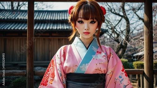 A full body portrait, traditional Japanese costume in Japanese anime cartoon. Ranma is cute woman. pigtail with shain red hair, with light blue-black eyes, white skin, wear long pink Japanese Yukata.  photo