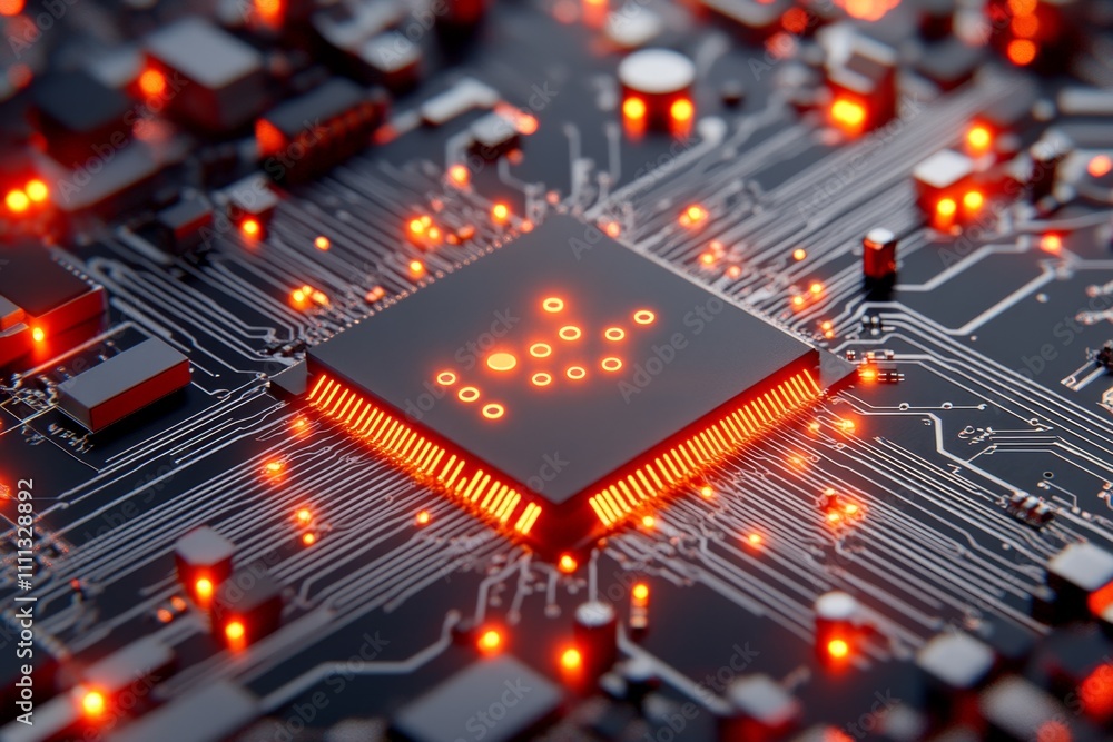 A detailed image of a circuit board with LED indicators glowing, highlighting the CPU and surrounding components A detailed image of a circuit board with LED indicators glowing, highlighting the CPU and surrounding components