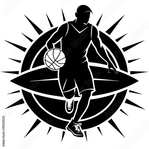 Vector Basketball Silhouette: A dynamic silhouette of a basketball player, dribbling the ball and surrounded by a stylized basketball court.