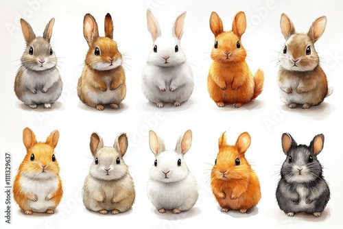 A colorful array of cartoon-style rabbits in various poses and colors.