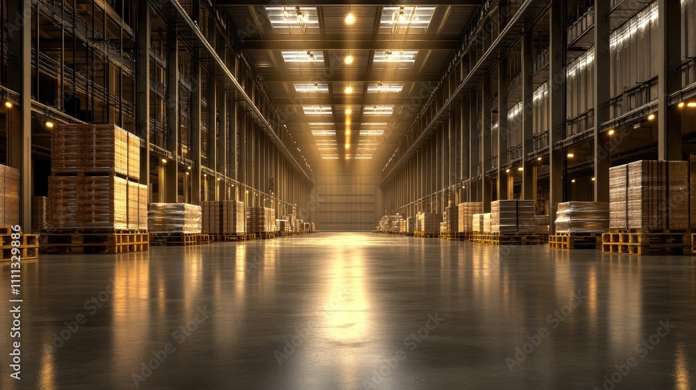Wide-Angle View of Modern Warehouse Interior with Pallet Stacks Wide-Angle View of Modern Warehouse Interior with Pallet Stacks