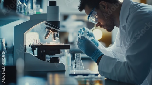 A close-up of engineers in a biotechnology lab, using precision instruments for genetic research, Biotechnology research scene