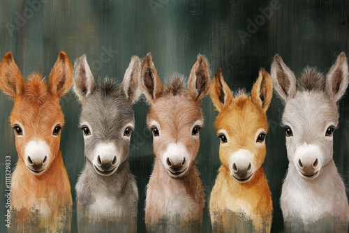 A colorful illustration of five cartoon-style donkeys with varying fur colors.