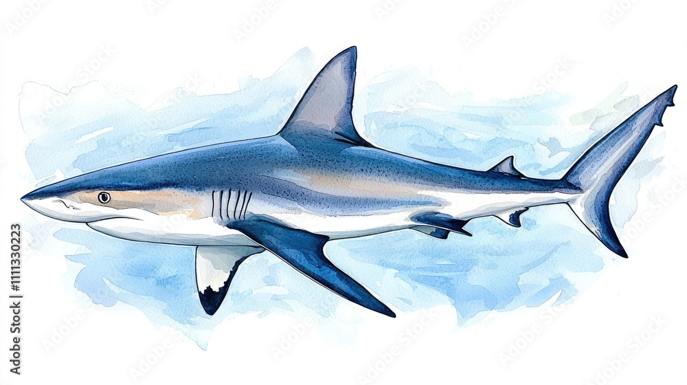Obraz premium Watercolor Illustration of a Blue Shark Swimming Gracefully in Oceanic Waters with a Soft Blue Background