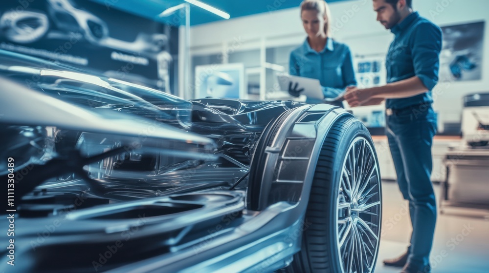 A close-up of engineers in an automotive design studio, examining a prototype vehicle under development, Automotive design scene A close-up of engineers in an automotive design studio, examining a prototype vehicle under development, Automotive design scene