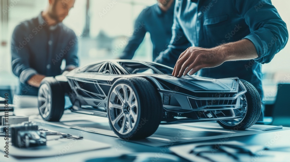 A close-up of engineers in an automotive design studio, examining a prototype vehicle under development, Automotive design scene A close-up of engineers in an automotive design studio, examining a prototype vehicle under development, Automotive design scene