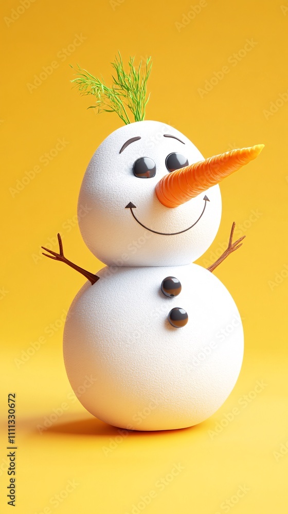 Solitary 3D snowman with a carrot nose and coal eyes isolated on a gradient yellow background Solitary 3D snowman with a carrot nose and coal eyes isolated on a gradient yellow background