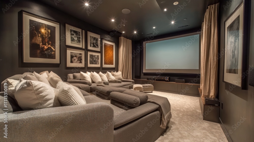 Luxury home theater, plush seating, large screen. Luxury home theater, plush seating, large screen.