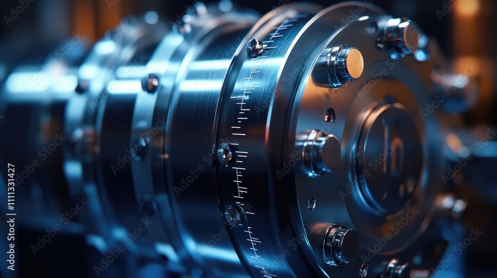 Close-Up View of Industrial Machine Component with Reflective Surface Close-Up View of Industrial Machine Component with Reflective Surface