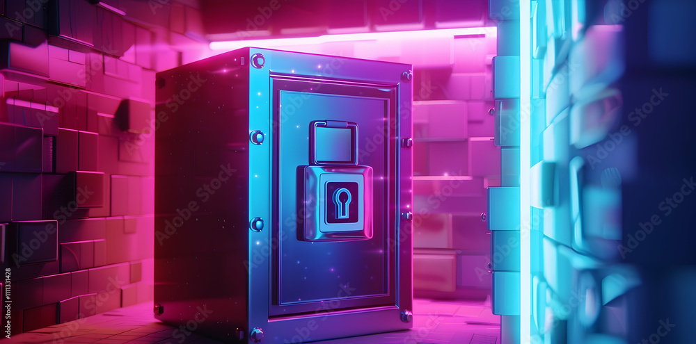 A futuristic safe illuminated by neon lights in a digital environment. A futuristic safe illuminated by neon lights in a digital environment.