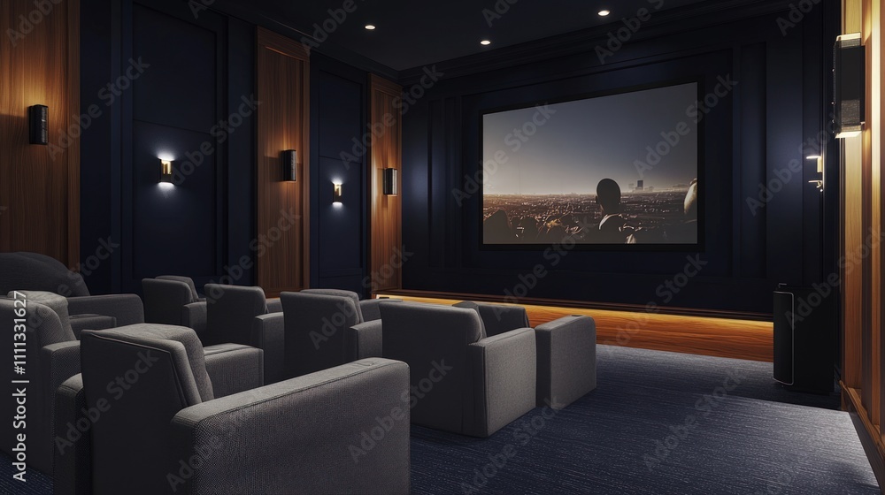 Luxury home theater, dark walls, plush seating. Luxury home theater, dark walls, plush seating.