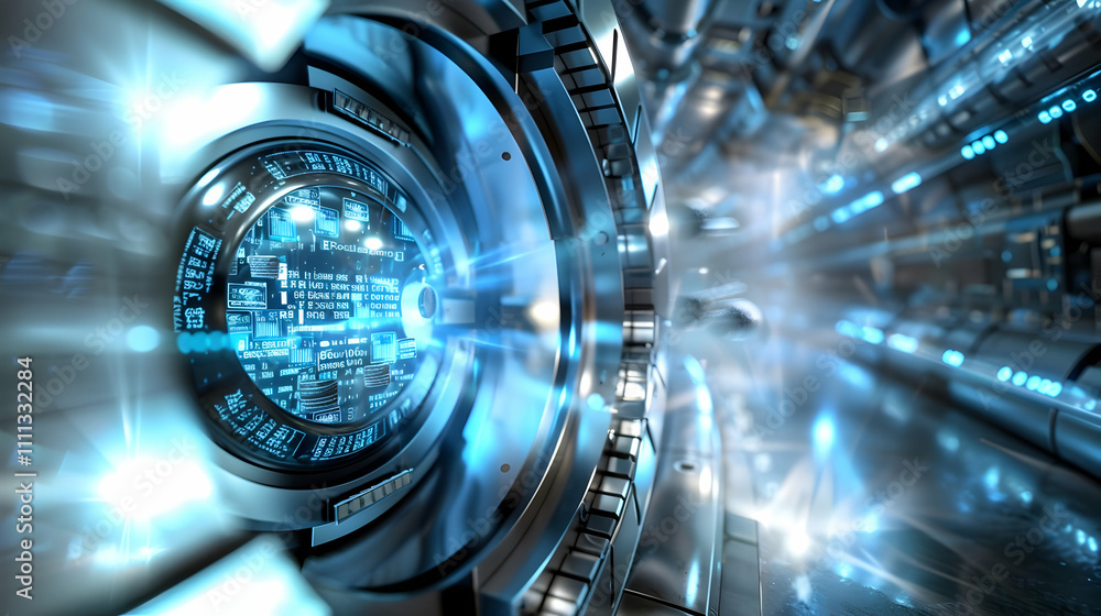 A futuristic tunnel with glowing technology and intricate machinery details. A futuristic tunnel with glowing technology and intricate machinery details.