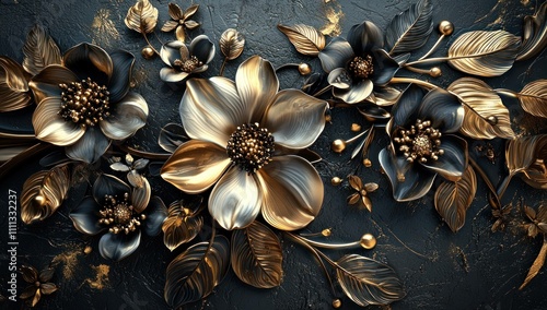 Elegant floral arrangement with shiny black and gold flowers on a dark textured background, creating a sophisticated and luxurious atmosphere.