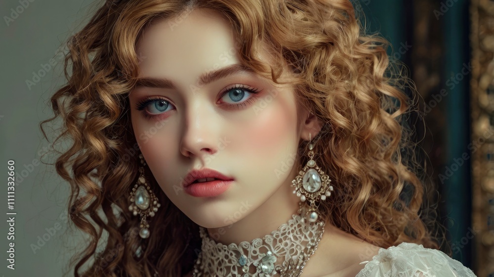 Fototapeta premium Woman beauty, manhwa style, a lot of details, good detailing, beautiful makeup, jewelry, crystal and precious stone jewelry, eyelashes, expression, full view, hairstyle, curly locks. Textured. Aesthet
