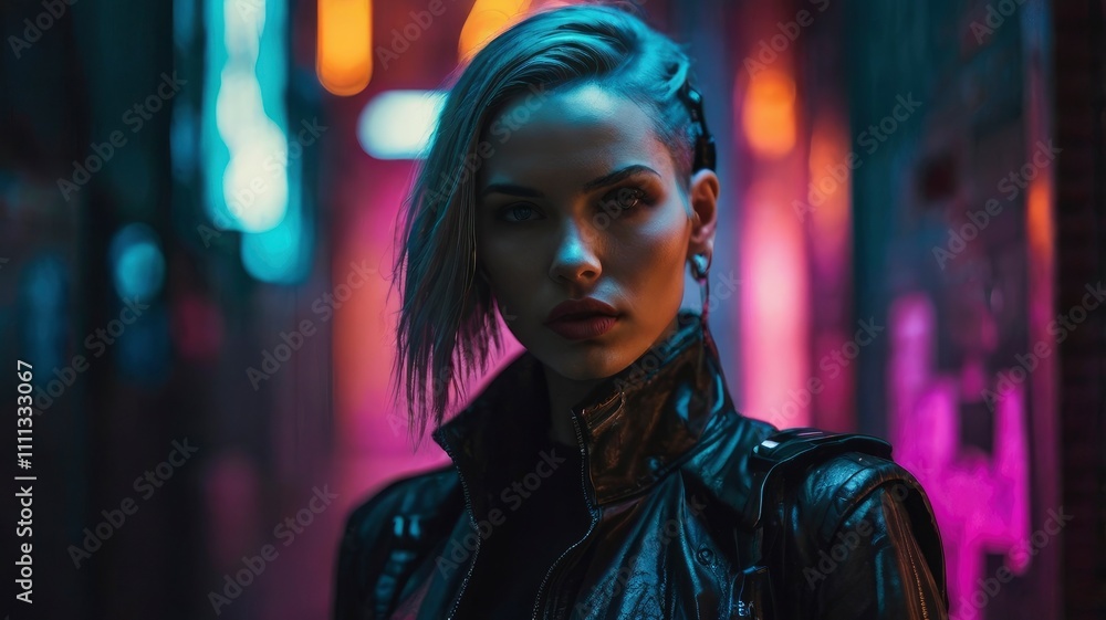 Fototapeta premium Woman in Focus, In a cyberpunk CHILL