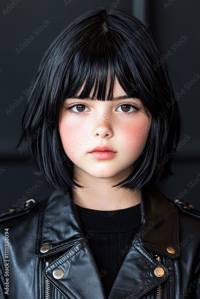 young girl with dark hair wearing leather jacket young girl with dark hair wearing leather jacket