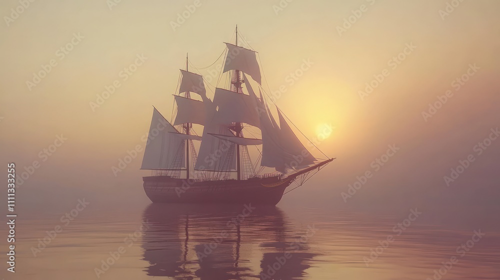 Fototapeta premium Sunset, sailing ship, calm sea, foggy atmosphere.