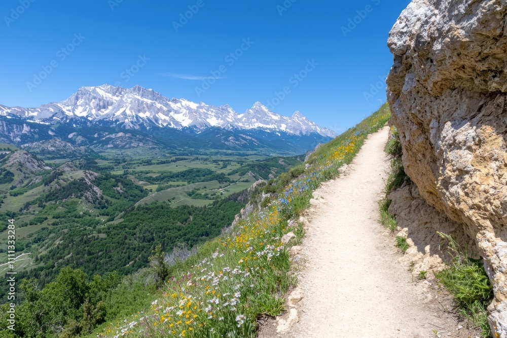 Scenic mountain landscape with hiking trail and wildflowers