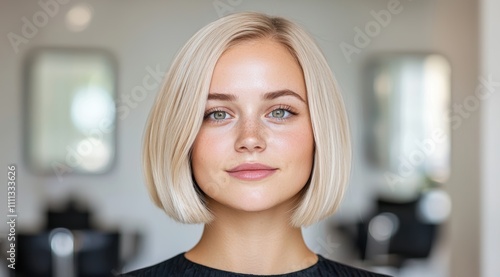Elegant woman with blonde bob haircut