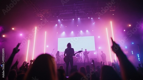 Energetic concert crowd enjoying a live music performance on stage with colorful lighting.