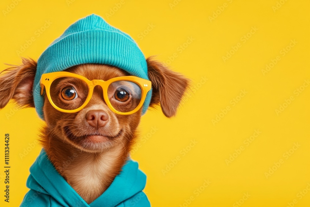 Fototapeta premium A sweet animated dog model with a cheerful blue sun hat and classy blue coat, perfect for creative kidsâ€™ book pages, decorative postcards, and fun social media posts