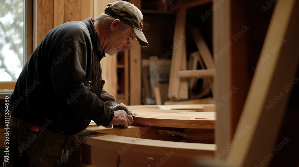 A detailed shot of a carpenter crafting intricate wooden fixtures for a museum renovation, Museum renovation scene, Fine woodworking style A detailed shot of a carpenter crafting intricate wooden fixtures for a museum renovation, Museum renovation scene, Fine woodworking style