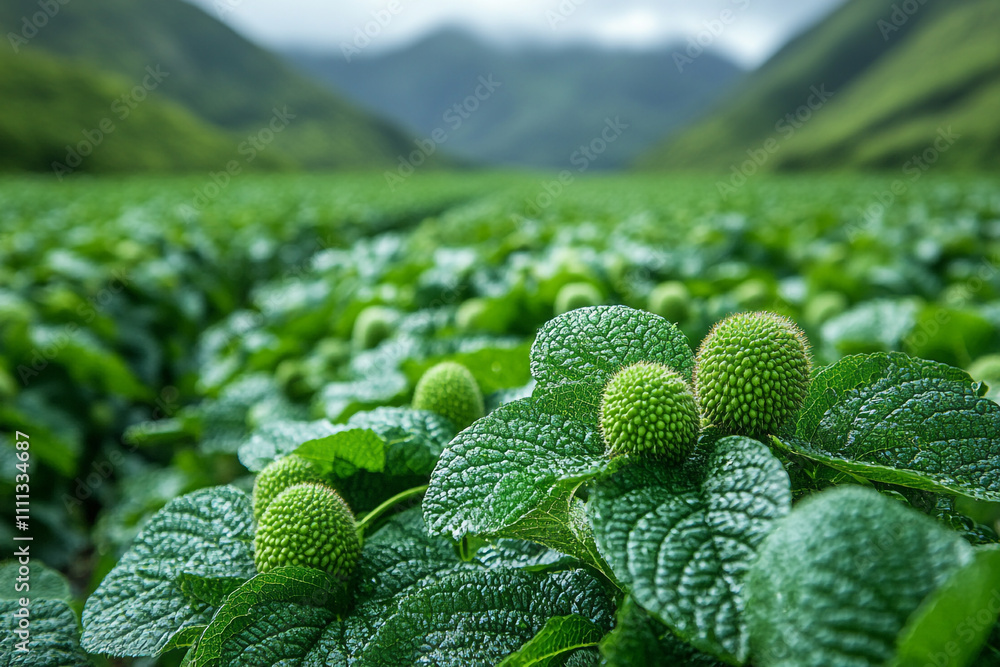 Lush Green Plants With Unique Spherical Fruits Grow In A Mountain Valley Lush Green Plants With Unique Spherical Fruits Grow In A Mountain Valley
