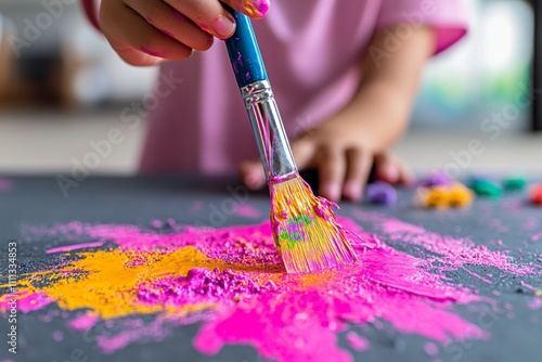 A vibrant image of children painting wildly colorful abstract art during a creative workshop photo