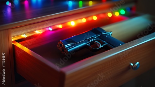 Items hidden in a drawer illuminated by colorful lights creating a striking contrast with a firearm photo