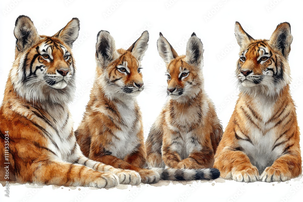 A group of four tigers in a realistic, artistic style. A group of four tigers in a realistic, artistic style.
