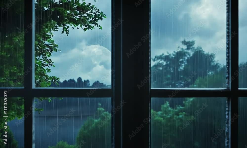 A serene night view through a window, featuring a full moon and rain-soaked scenery. A serene night view through a window, featuring a full moon and rain-soaked scenery.