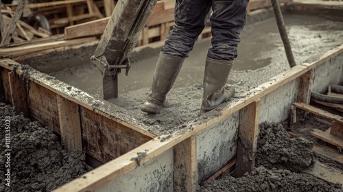 A detailed shot of a concrete pump operator directing the flow of concrete into formwork for a commercial building foundation, Commercial building construction scene, Concrete pumping mastery style