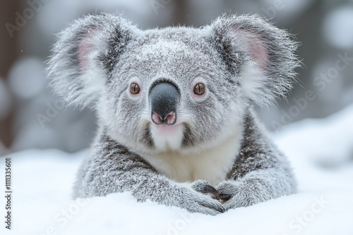 Snowy Koala Bear Resting in Winter Snow photo