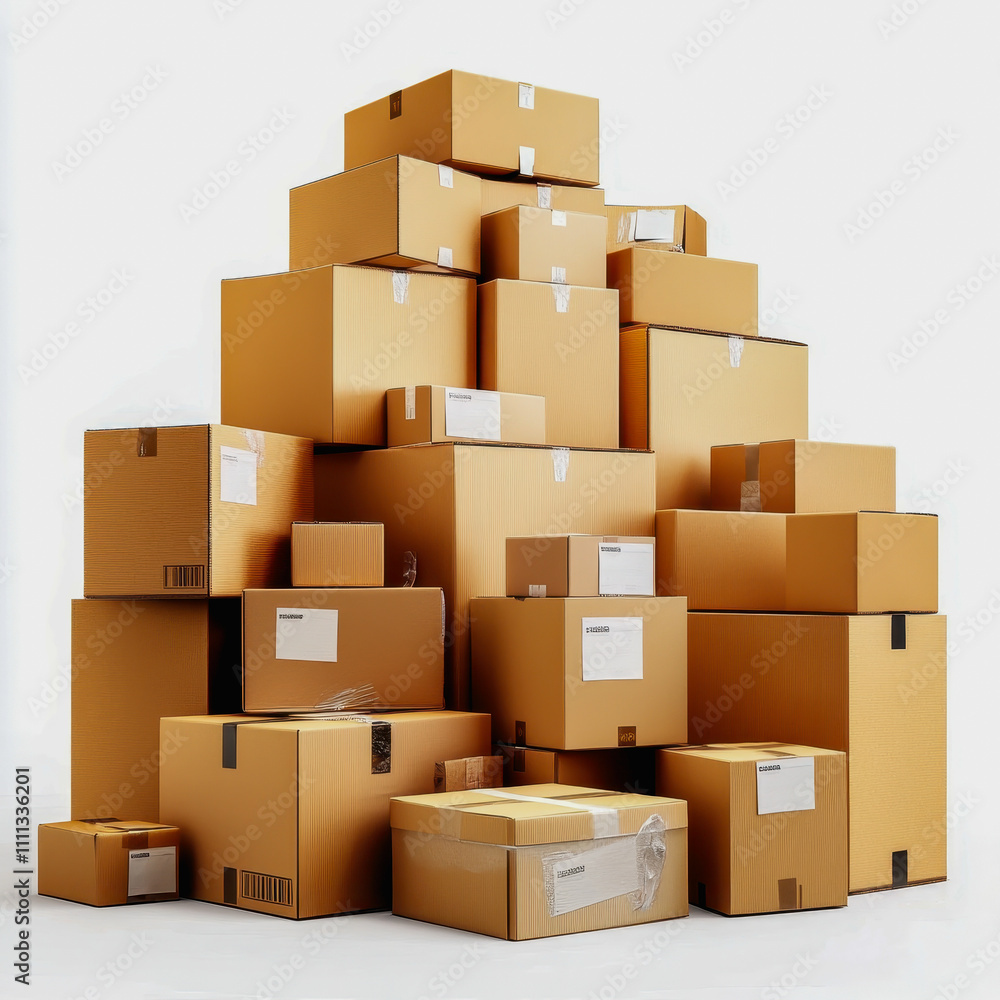 A Stack of Various Sized Brown Cardboard Boxes Arranged in a Pyramid Shape for E-commerce, Retail, Shipping and Storage Purposes A Stack of Various Sized Brown Cardboard Boxes Arranged in a Pyramid Shape for E-commerce, Retail, Shipping and Storage Purposes