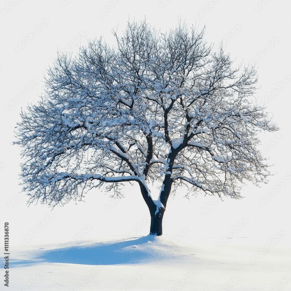 Snow-covered tree standing alone in a frosty landscape with serene atmosphere and bright white background, evoking a sense of winter tranquility and calmness Snow-covered tree standing alone in a frosty landscape with serene atmosphere and bright white background, evoking a sense of winter tranquility and calmness